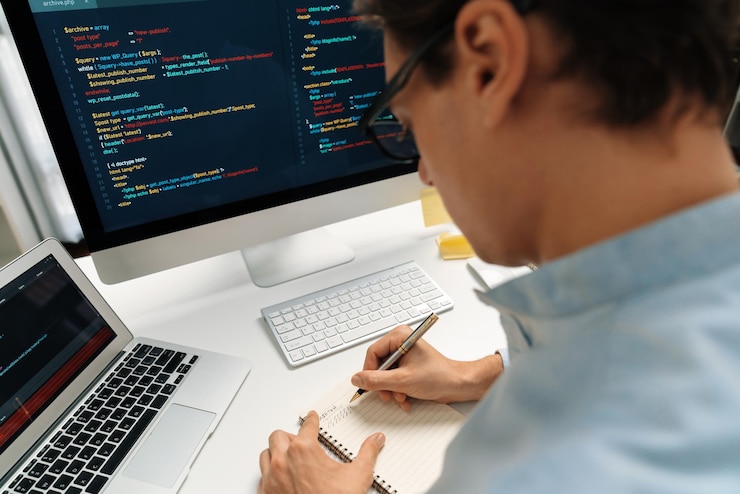 Foto stressvolle it-analyse von online-software-informationen schreiben von memo-listen