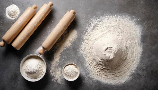 Streuendes Mehl und Rollen auf dem steinernen Küchentisch Aussicht von oben Kochen Backen