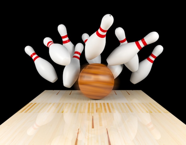 Foto streukegeln und bowlingkugel auf der bowlingbahn