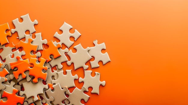 Streute weiße Puzzle-Stücke auf einem lebendigen orangefarbenen Hintergrund konzeptionelle einfache und moderne kreative Herausforderung Darstellung KI