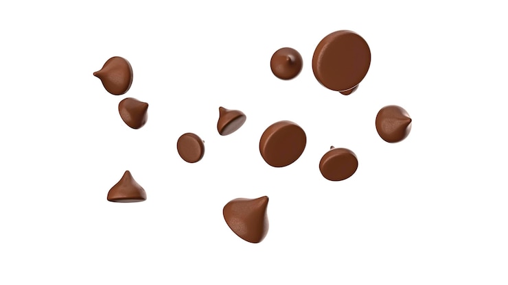 Foto streuung von leckeren schokoladenstückchen auf weißem hintergrund schokoladenstückchen auf weißem hintergrund choco-chips 3d-darstellung 3d-rendering