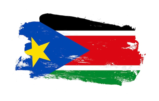 Strichpinsel gemalt beunruhigte Flagge des Südsudan auf weißem Hintergrund