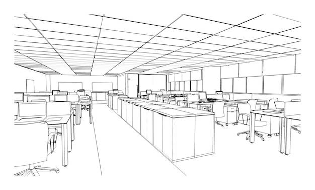 Strichzeichnung des BürosModernes Design3D-Rendering