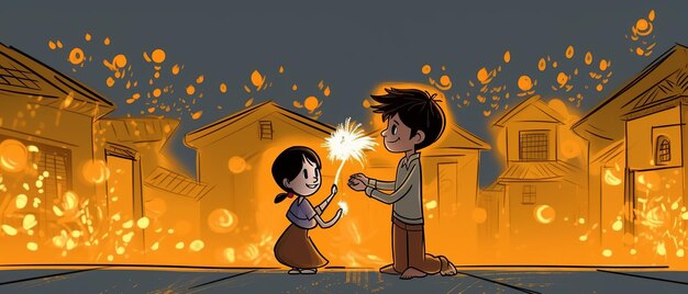 Strichzeichnungen für ein fröhliches Diwali-Konzept. Cartoon-Kinder spielen Cracker. Ai Generated