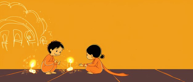 Strichzeichnungen für ein fröhliches Diwali-Konzept. Cartoon-Kinder spielen Cracker. Ai Generated