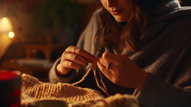 Foto stricken und häkeln sie eine elegante frau, die einen warmen winterschal kreiert