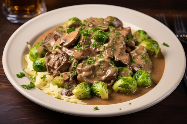Stroganoff de carne con un lado de espurón de Bruselas