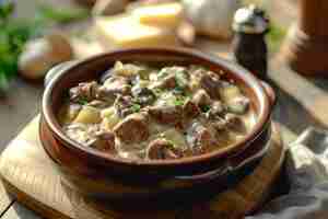 Foto stroganoff de carne de vaca cremosa com vegetação fresca ia gerativa