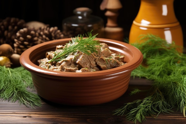 Stroganoff de ternera con eneldo en cuenco de barro rústico