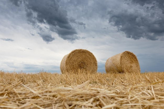 Strohballen auf Ackerland Gewitterwolken.