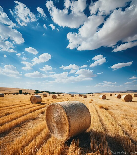 Strohballen auf einem Feld gegen den blauen Himmel Generative KI