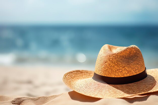 Strohhüte und Sonnenbrillen am Strand, Bild erzeugt durch KI-Technologie
