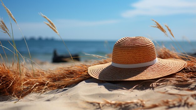 Strohhut auf Sand und blauem Himmel