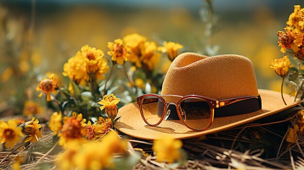 Strohhut und Sonnenbrille auf Gras mit gelber Blume