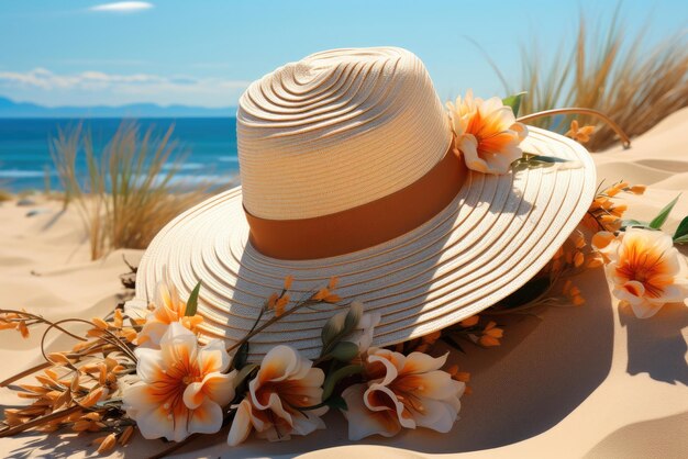 Strohteig und Blumen auf weißem Sand am Strand am Meer