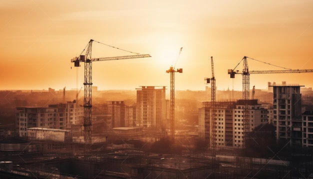 Stromkräne auf der Baustelle im Hintergrund der Stadt