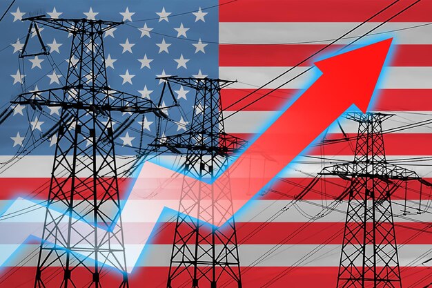 Stromleitung und Flagge der USA Energiekrise Konzept der globalen Energiekrise