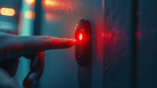 Stromverbrauch Energie sparen durch ausschalten Menschlicher Finger auf rotem Knopf auf Elektro Stecker Hoch rising Preis zu elektrischer Energie zu Hause Konzeptbild zu crise für Energie Branche in Europa