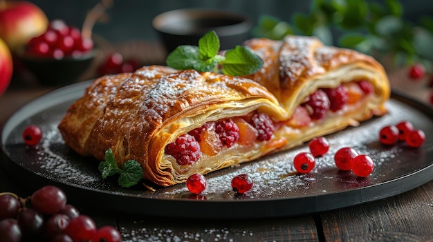 Foto strudel de frutas em flocos pastelaria de frutas de temporada preenchimento fotorrealista hd