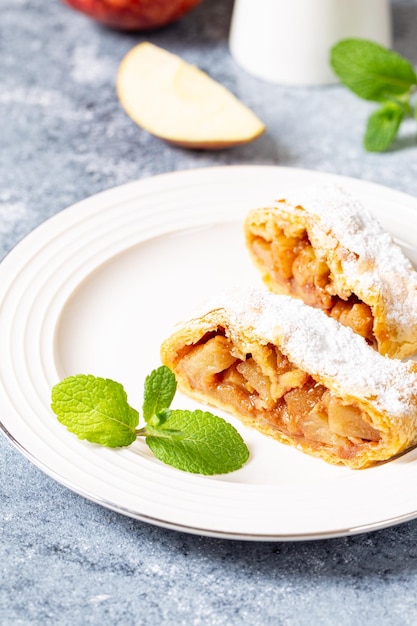 Strudel de maçã com sabor caseiro em um prato em um fundo cinza de concreto com espaço para texto