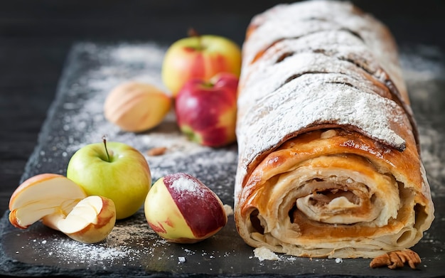 Strudel de maçã em um quadro preto de pedra