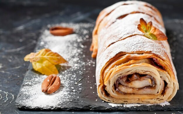 Strudel de maçã em um quadro preto de pedra