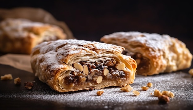 Strudel doce recém-assado na mesa de madeira rústica gerado por IA