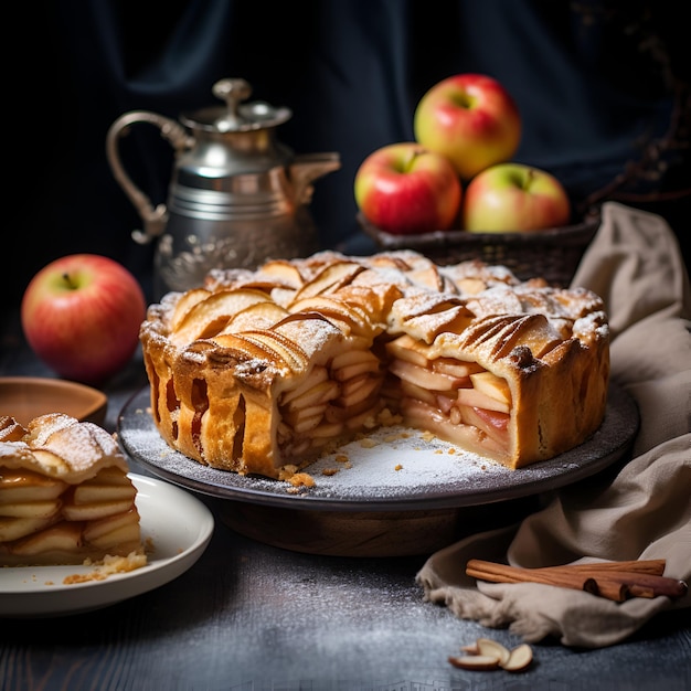 Strudel de manzana con manzanas caramelizadas sobre un fondo oscuro