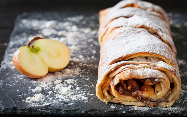 Strudel de manzana en una pizarra de piedra