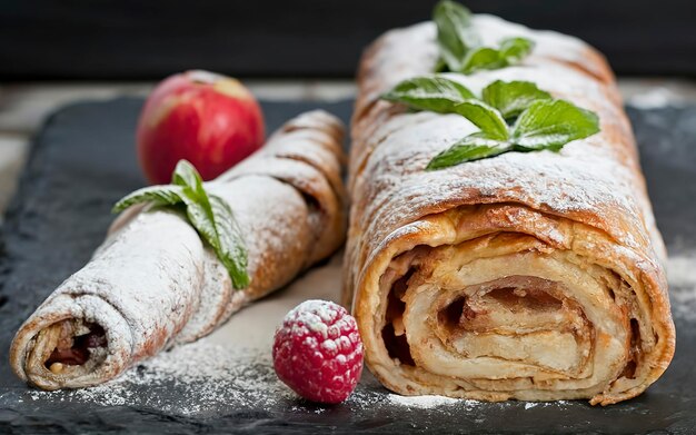 Strudel de manzana en una pizarra de piedra