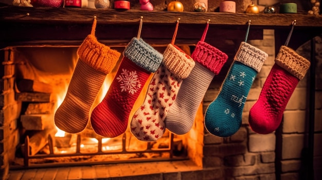 Foto strümpfe hängen an einem kamin mit kerzen und ornamenten auf dem kaminsims