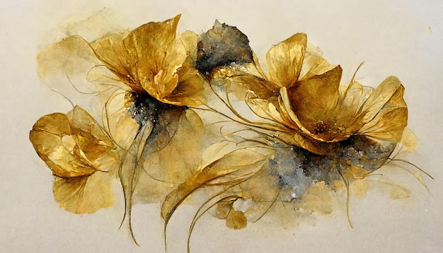 Strukturierte abstrakte Aquarellblumen mit einer schönen Blume des goldenen Glanzes