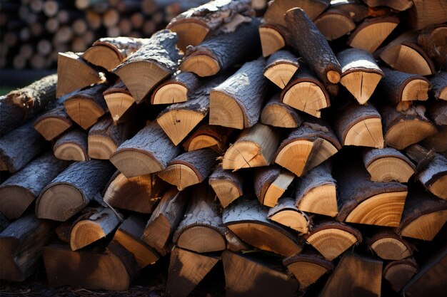 Strukturierter Brennholzstapel, unverzichtbar für eine warme und rustikale Atmosphäre