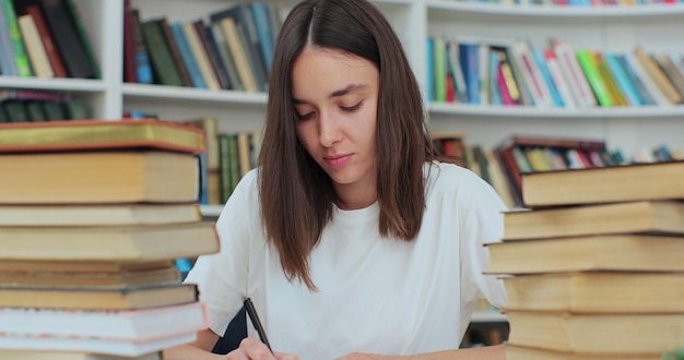 Student, der Informationen aus verschiedenen Büchern sammelt Kaukasisches Mädchen im weißen T-Shirt, das Daten für das Papier sammelt Selbstbildungskonzept