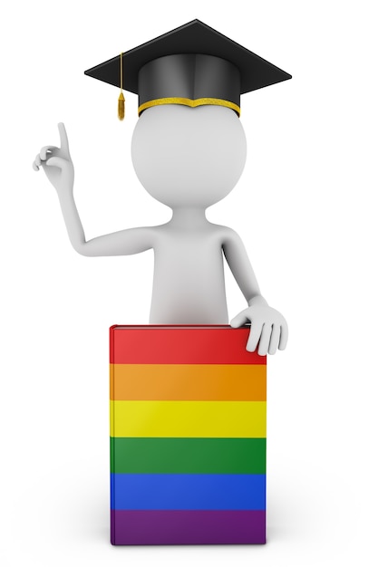 Student trägt einen Hut mit erhobener Hand und ein Buch mit der Flagge der LGBT-Community. 3D-Rendering.