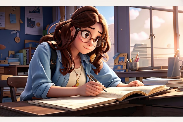Student vertieft in ein Buch mit Brille begibt sich auf eine Reise des Wissens im Röhrenlichtfenster