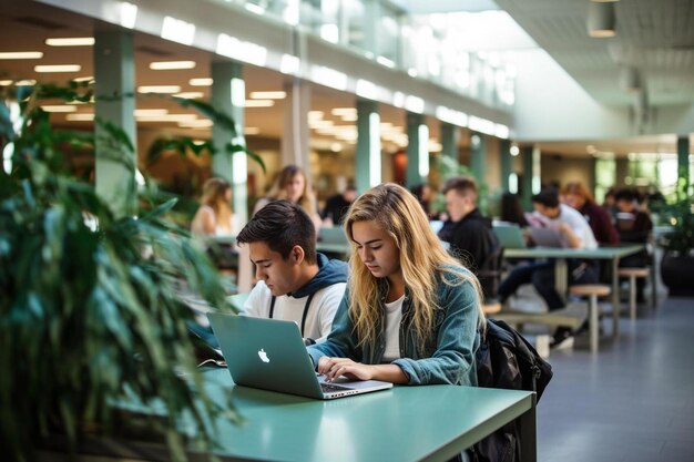 Studenten arbeiten an Laptops in einer Bibliothek.