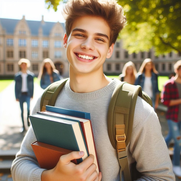 Foto studenten, die bücher auf dem campus tragen, posten für social-media-template-design