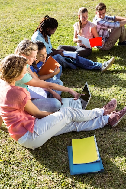 Studenten, die draußen auf Campus studieren