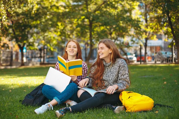 Studenten, die im Freien auf dem Campus der Universität studieren