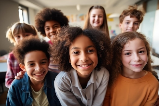 Studenten-Kindergruppe blickt in die Kamera und steht im Klassenzimmer. Lächelnde Kinder, Jungen und Mädchen