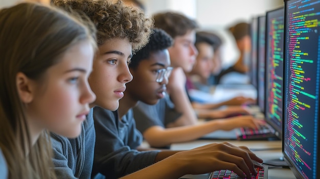 Studenten programmieren auf Computern in einer gemeinschaftlichen Lernumgebung