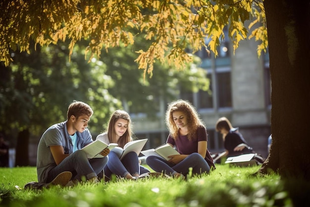 Studenten studieren in einem Park, auf einem von ihnen steht das Wort „.