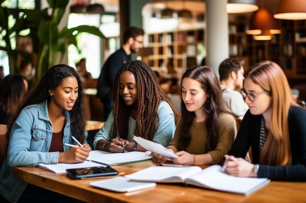 Studenten studieren in einer Bibliothek, einer der Studenten schreibt in ein Notizbuch.