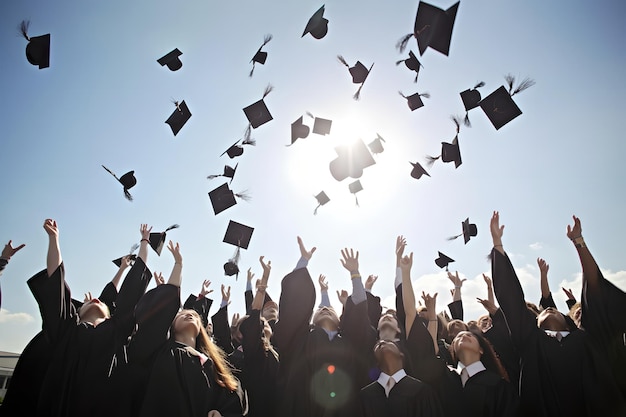 Studenten werfen Abschlusshüte in die Luft und feiern das Bildungskonzept. Studenten feiern Erfolge mit Hüten und Zertifikaten