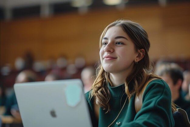 Studentin auf einem Laptop in einer Bibliothek gesprochen