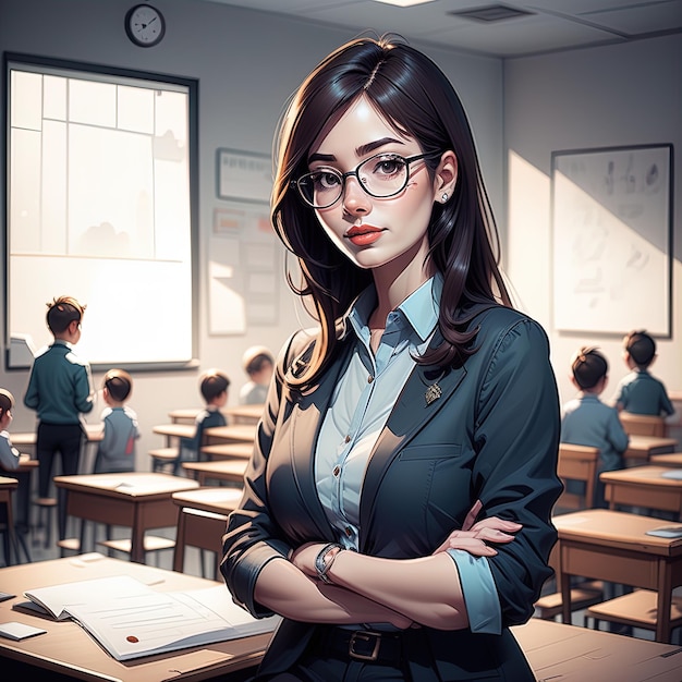 Studentin im Klassenzimmer. Junges Mädchen in Schuluniform mit einer Lehrerin am Schreibtisch
