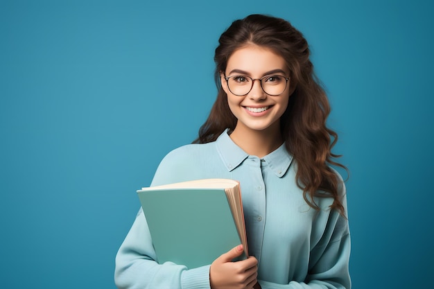 Studentin mit Brille hält Bücher in der Hand und zeigt „OK“-Schild, Studiofarbe, isoliert, Adobestockistock, Wi