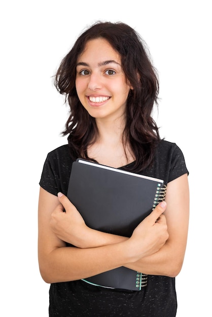 Studentin mit einem Notizbuch aus schwarzem Papier Ruhiges, glückliches Schulmädchen, isoliert