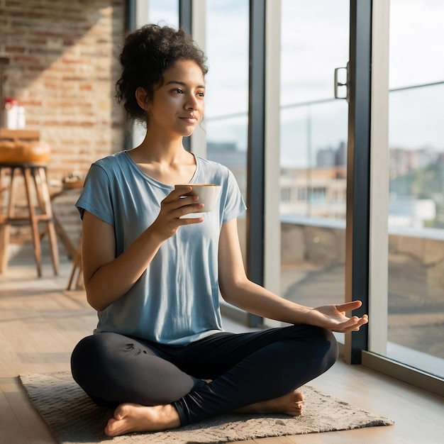 Foto studentin sitzt in der lotus-pose, fühlt sich friedlich, atmet, findet inspiration in meditationsgetränken.